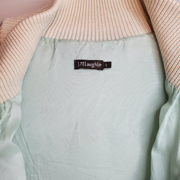 J. McLaughlin SZ L Quilted Silk Bamboo Print Sweater Jacket in Cream & Blue - Picture 6 of 9